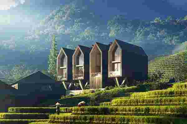 This architectural cabin design is nestled between terraced rice paddies for spectacular views